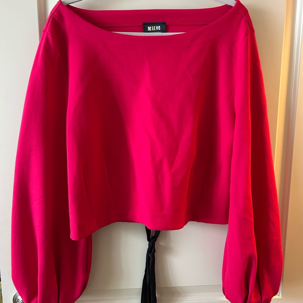 Anthropologie Maeve lace up bow corset back puff sleeve top In raspberry pink.